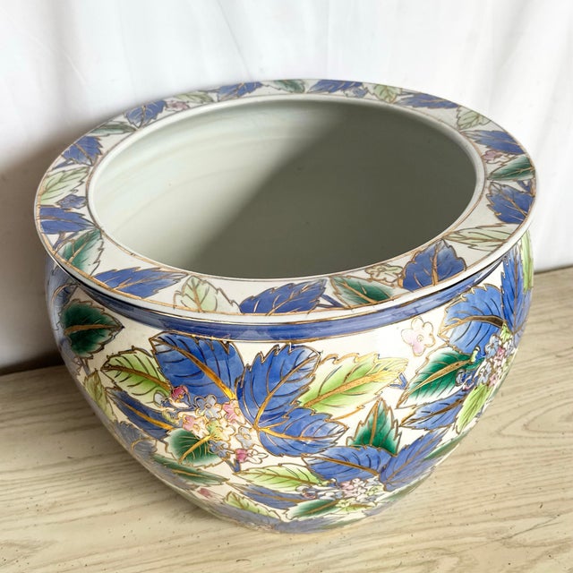 Chinese Vintage Chinese Hand Painted Blue Flower Porcelain Fishbowl/Vase For Sale - Image 3 of 7