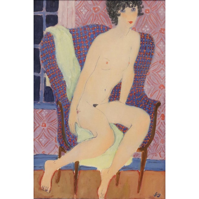 Figurative 1970s Framed Modern Oil Painting of a Seated Female Nude by R. Long For Sale - Image 3 of 6