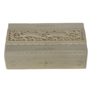 Vintage Hand-Carved Bone Overlay Jewelry Box With Deer Motif For Sale