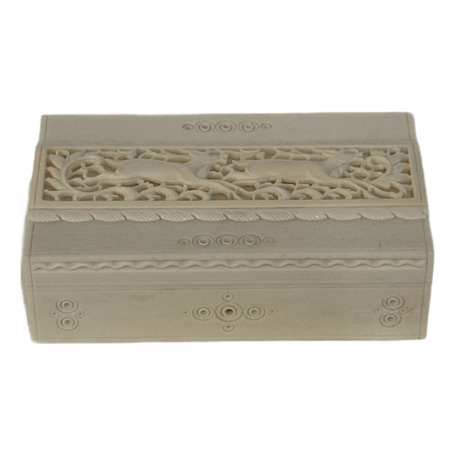 Vintage Hand-Carved Bone Overlay Jewelry Box With Deer Motif For Sale