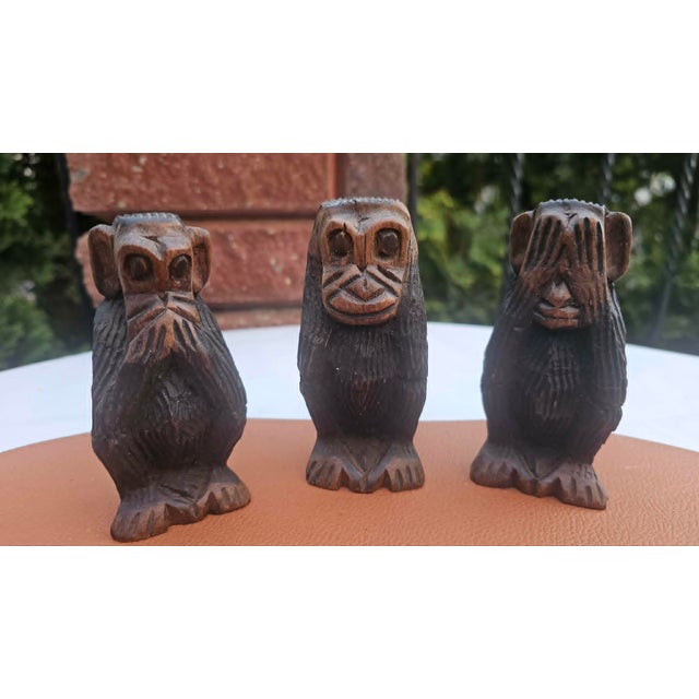 Wooden Carved Dont Speak, Dont Hear, Dont See Monkey Figurines, 1960s, Set of 3 For Sale - Image 3 of 7