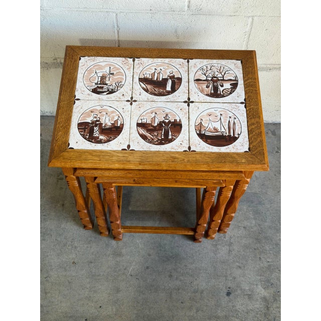 Oak Nesting Tables Set of 3 Ceramic Tile Top Accent End Side Tables Vintage 1970s For Sale In Los Angeles - Image 6 of 9