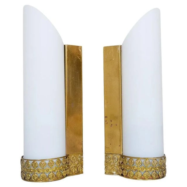 Mid-Century Modern Brass and Opaline Wall Lamps Attributed to Asea Sweden, Set of 2 For Sale - Image 11 of 11