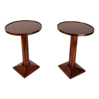 Vintage Art Deco Walnut Side Tables with Carved Column Pedestals, 1930s, Set of 2 For Sale