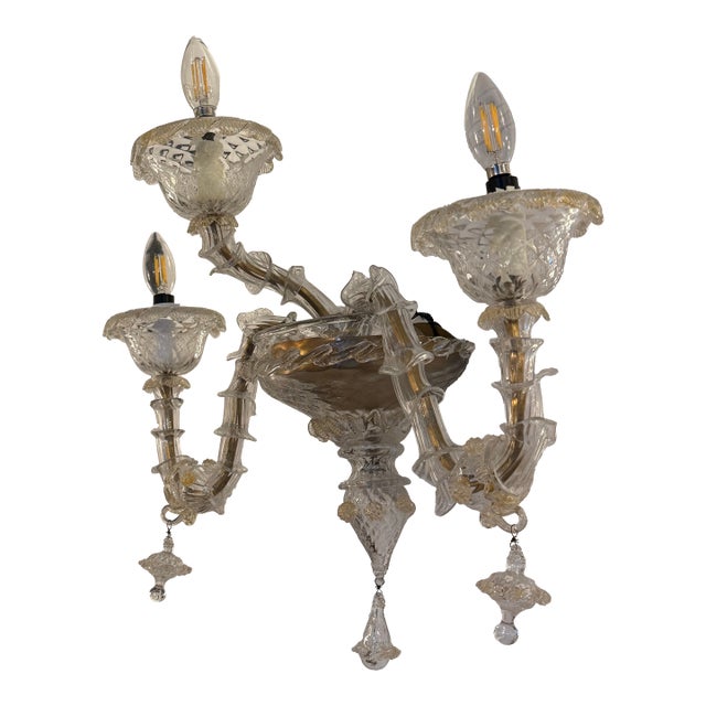 Mid 20th Century Murano Style Glass + Brass Sconce For Sale