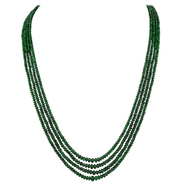 250ct Fine Emerald Beads 4 Line Necklace with 14 Kt Yellow Gold Clasp Adjustable For Sale - Image 15 of 18