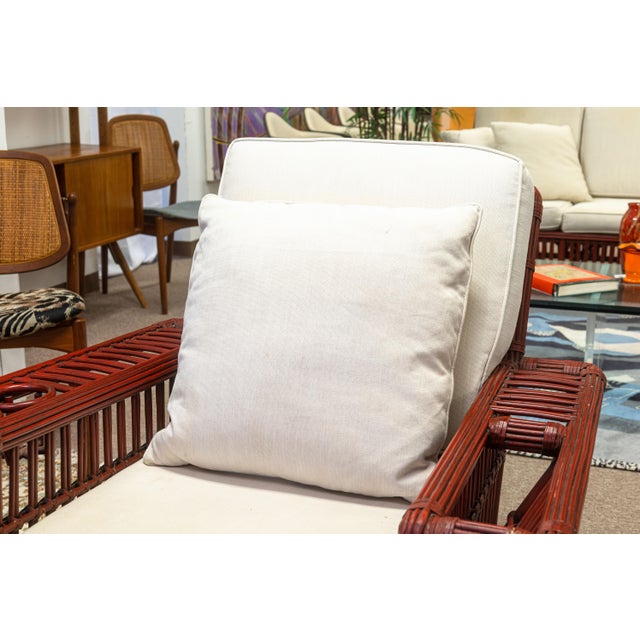 Pair of Vintage Palecek President's Chairs Red Rattan White Cushion Patio Chairs For Sale - Image 11 of 16
