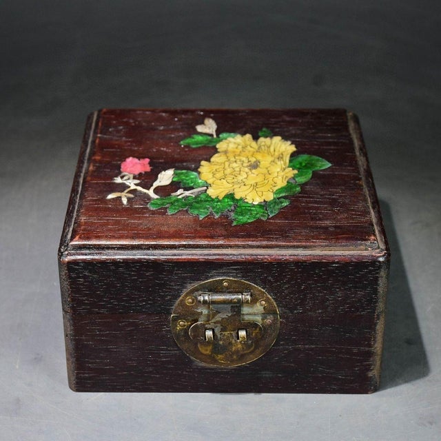Chinese Vintage Chinese Rosewood Box With Mother of Pearl Inlay & Brass Latch For Sale - Image 3 of 8