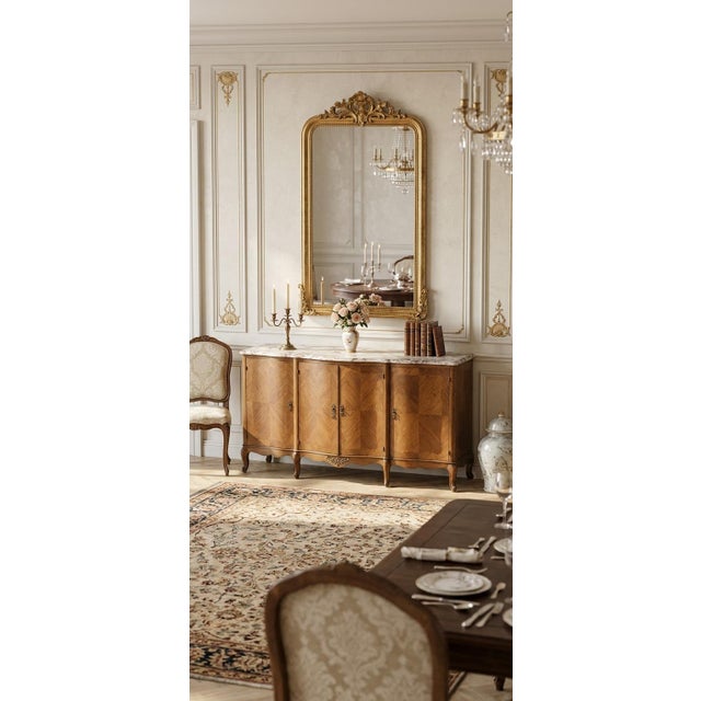 Wood French Louis XV Style Sideboard With Walnut Marquetry, Bronze Hardware, and Cosmopolitan Quartzite Top For Sale - Image 7 of 7