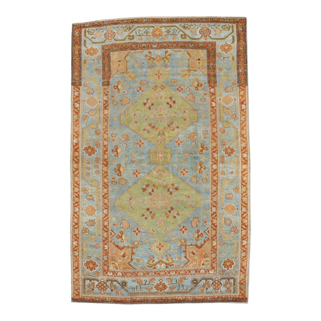 Early 20th Century Zabihi Collection Persian Apple Green Sky Blue Accent Size Rug - 4'9" x 7' For Sale