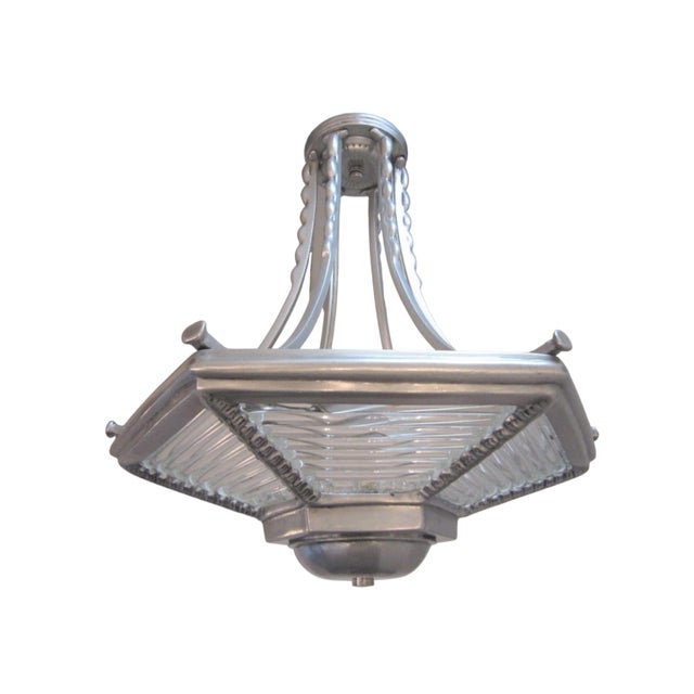 Small Art Deco Six Sided Glass and Aluminum Chandelier For Sale In New York - Image 6 of 17