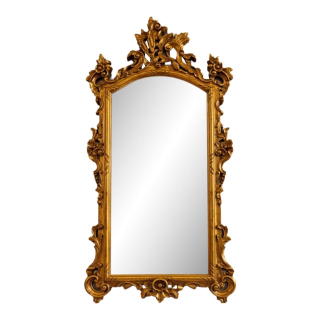 Vintage Gold Leaf Carved Wood Wall Mirror With Ornate Crown For Sale