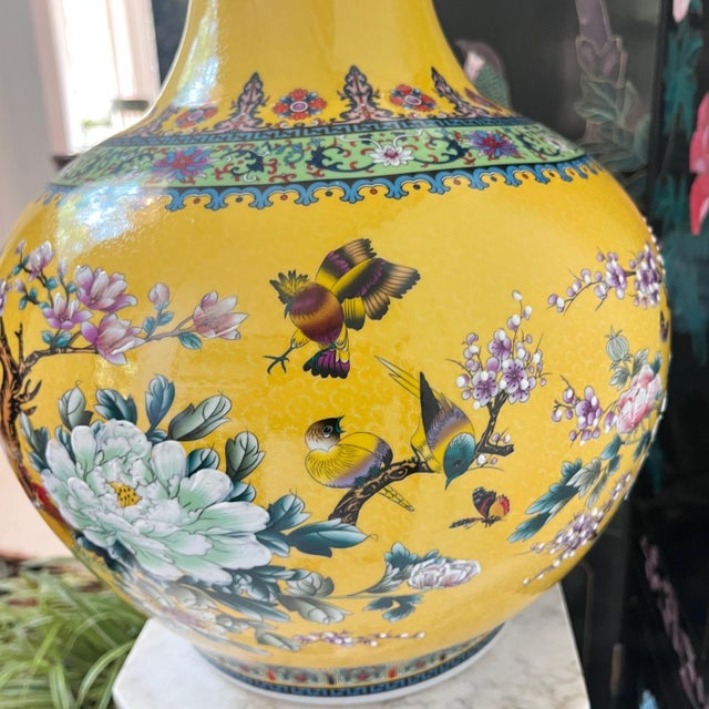 1980s yellow temple vase // Chinoiserie // yellow ceramic vase // floral vase // birds and flowers // enamel // oversized vase For Sale - Image 9 of 10