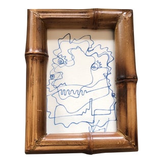 Original Vintage Wayne Cunningham Miniature Abstract Ink Drawing Faux Bamboo Frame For Sale