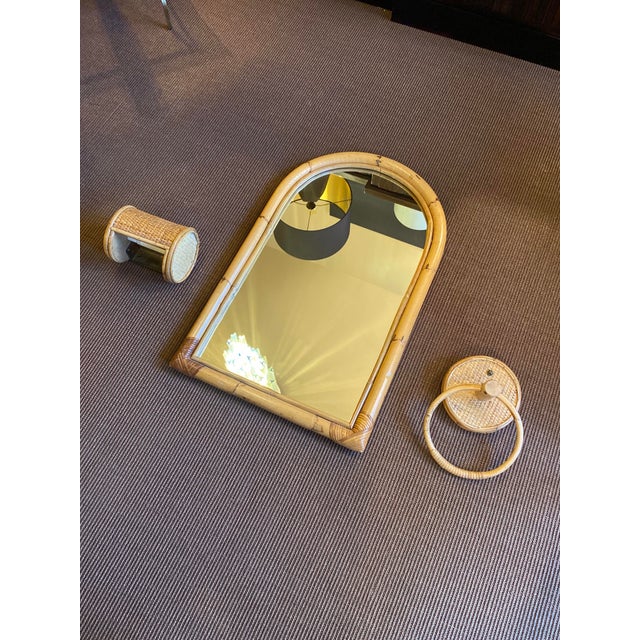 Bathroom set, bamboo wood, partially woven, Italy circa 1970 -Mirror: Height 76 cm, Width 48 cm, Depth 3.5 cm -Toilet...