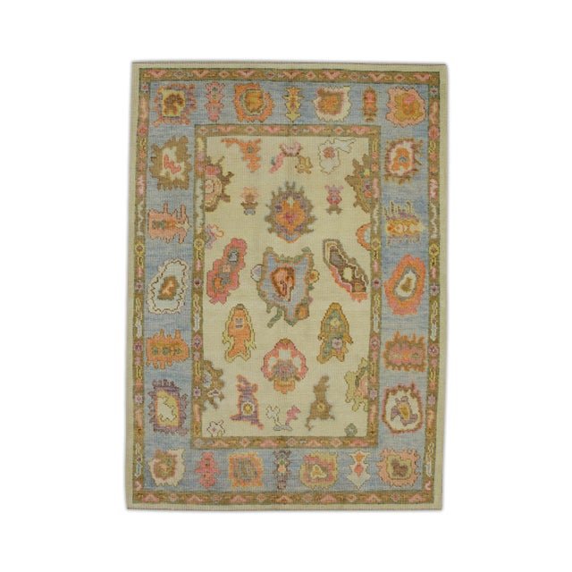Early 21st Century Blue & Pink Floral Design Handwoven Wool Turkish Oushak Rug 4'1" X 6'3" For Sale In Houston - Image 6 of 6