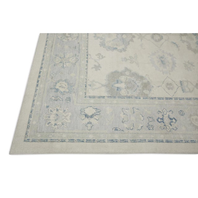 Modern Early 21st Century Cream & Blue Floral Design Handwoven Wool Turkish Oushak Rug 8'10" X 11'1" For Sale - Image 3 of 8