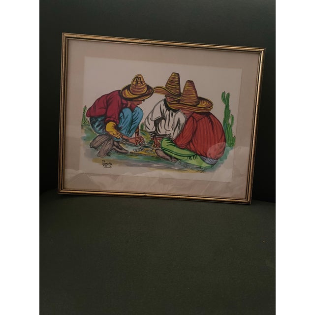 Mexican Art. Mexican Signed Framed Vibrant Wall Water Colour Print Decor For Sale In Miami - Image 6 of 8