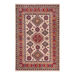 Boheo Chic Kazak Tribal Beige/Red Wool Rug - 4'0''x6'0'' For Sale
