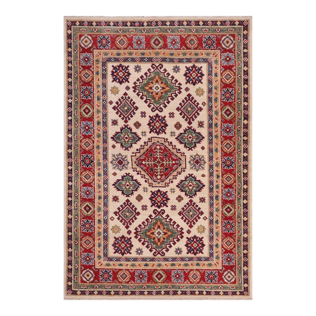 Boheo Chic Kazak Tribal Beige/Red Wool Rug - 4'0''x6'0'' For Sale