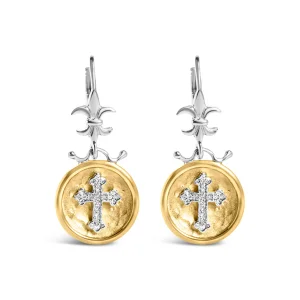 18K Yellow Gold Plated .925 Sterling Silver 1/8 Cttw Diamond Hammered Finished Medallion with Cross Drop and Dangle Earrings