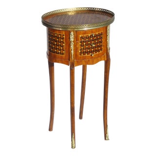 Small French Louis XV Style Oval Marquetry Side Table or Nightstand with Drawers and Brass Details, 1960s For Sale