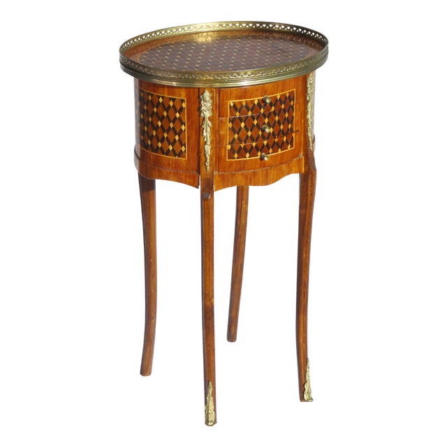 Small French Louis XV Style Oval Marquetry Side Table or Nightstand with Drawers and Brass Details, 1960s For Sale
