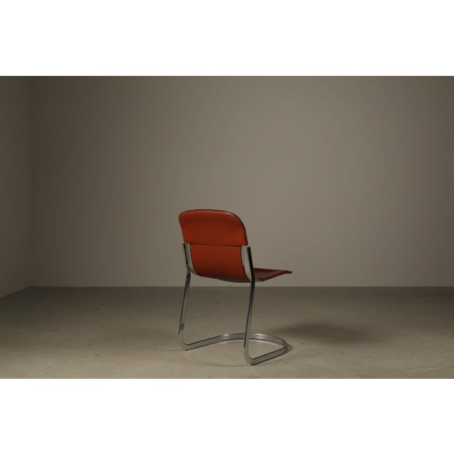 Leather Brick Red-Colored Cantilever Dining Chairs, Italy, 1970s, Set of 6 For Sale - Image 11 of 16