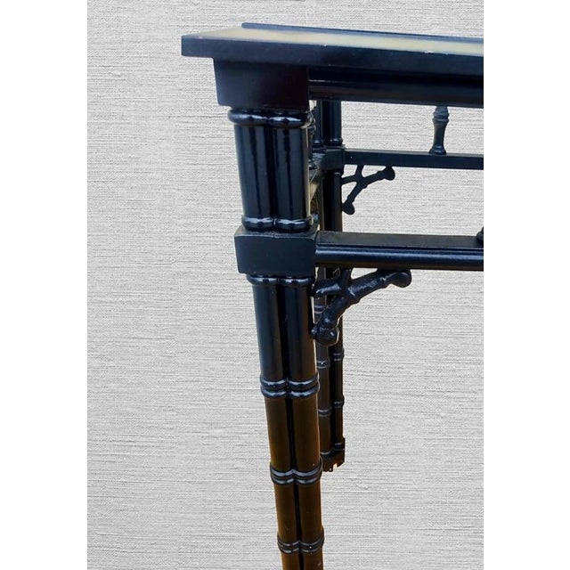 Dorothy Draper Vintage Faux Bamboo Black Gloss Palm Beach Regency Glass Top Console Table For Sale - Image 4 of 8