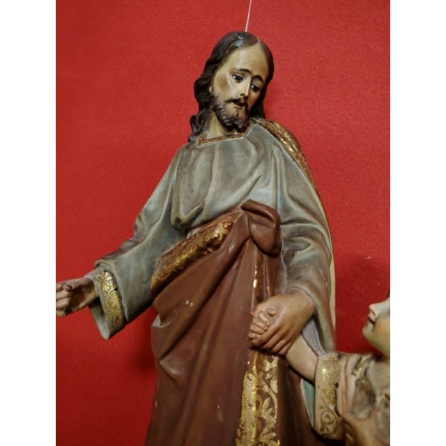 Wood Large Religious Statue of Saint Joseph and the Baby Jesus in Polychrome Terracotta and Gilded Wood For Sale - Image 7 of 11