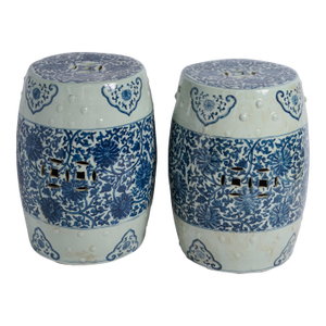 Pair of Blue and White Porcelain Chinese Oriental Drum Garden Seat