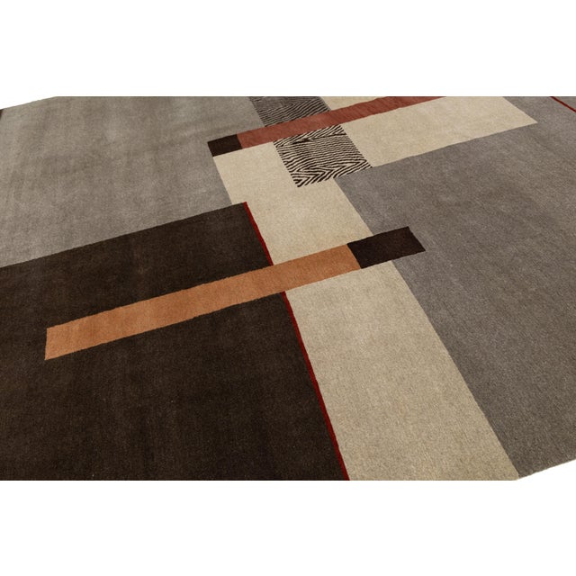 Tibetan Hand-Knotted Wool & Silk Rug Abstract Modern Geometric in Gray and Brown For Sale - Image 4 of 10