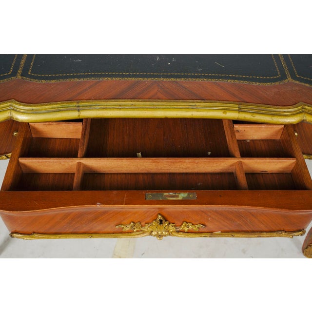 French Provincial Pair of Mid 20th Century Louis XV Style Black Leather-Top Writing Desks With Figural Gilt Mounts For Sale - Image 3 of 17