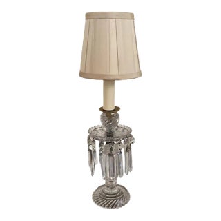 Antique 19th Century English Cut Crystal Girandole Luster Candlestick Electrified as a Lamp With Silk Shade For Sale