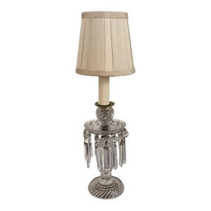 Antique 19th Century English Cut Crystal Girandole Luster Candlestick Electrified as a Lamp With Silk Shade