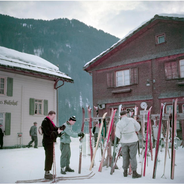 Alpine Railway Station by Toni Frissell Skis stacked up outside and alpine railway station, Klosters, Switzerland, 1951.....