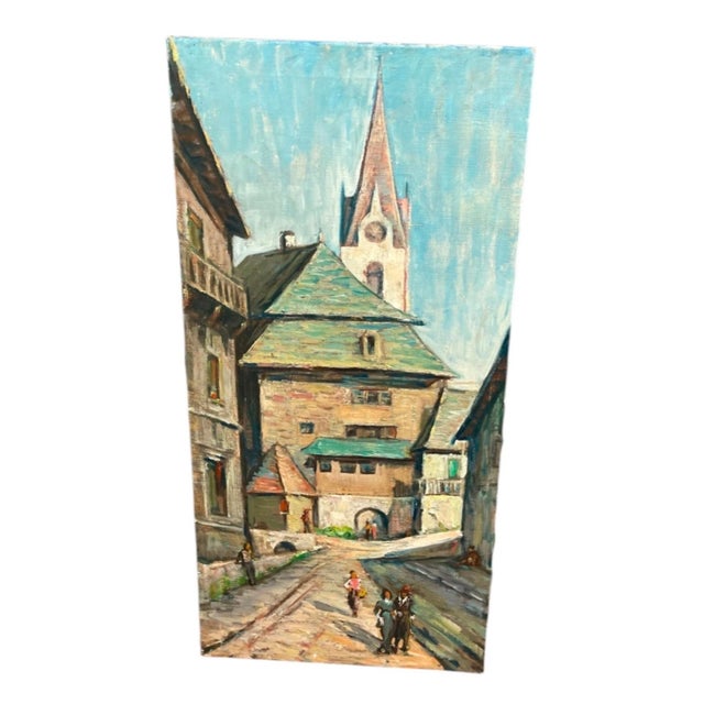 This original antique oil painting captures a scenic, Old World European village setting characterized by historic...