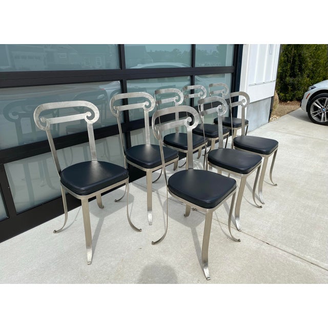 Hollywood Regency 1990s Set of 2 Iron Indoor/Outdoor Klismos Column Dining Chairs With Leather Upholstery Handcrafted Styled After Jermaine Gallacher For Sale - Image 3 of 12