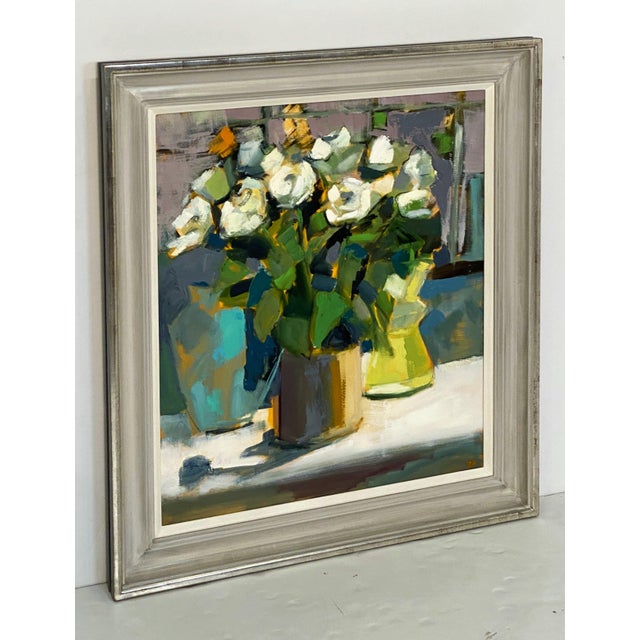 Contemporary British Framed Oil Painting on Canvas (White Roses in Mustard Pot) For Sale - Image 9 of 12