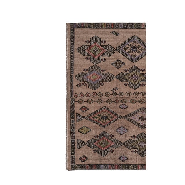 Mid-Century Modern Vintage Embroidery Geometric Turkish Kilim Rug 4'10'' X 9'9'' For Sale - Image 3 of 13