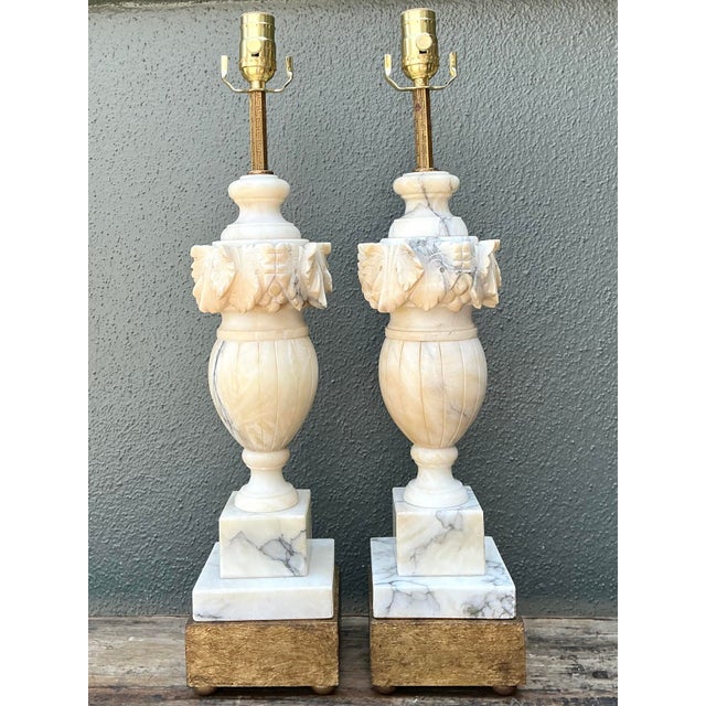 Hollywood Regency Vintage Carved Alabaster Leaves Lamps - A Pair For Sale - Image 3 of 12