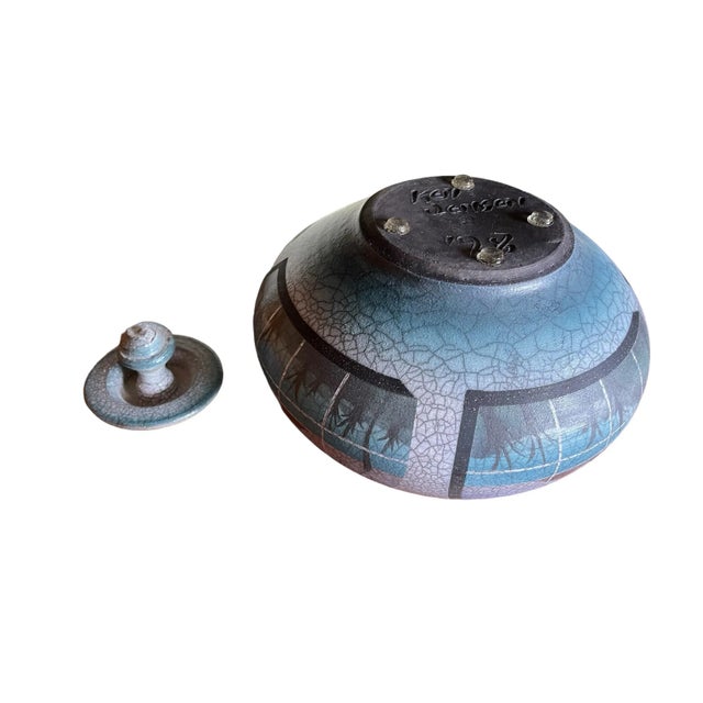 Cornflower Blue Gorgeous Ken Jensen 1998 Signed Landscape Scene Raku Studio Art Pottery Covered Vessel For Sale - Image 8 of 10