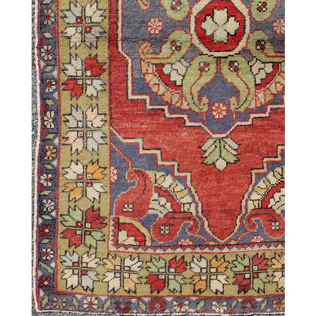 Measures: 3'4 x 5'3. Vintage Turkish Oushak Rug in Red, Blue, and Green with Decorative Medallion. Keivan Woven Arts / rug...
