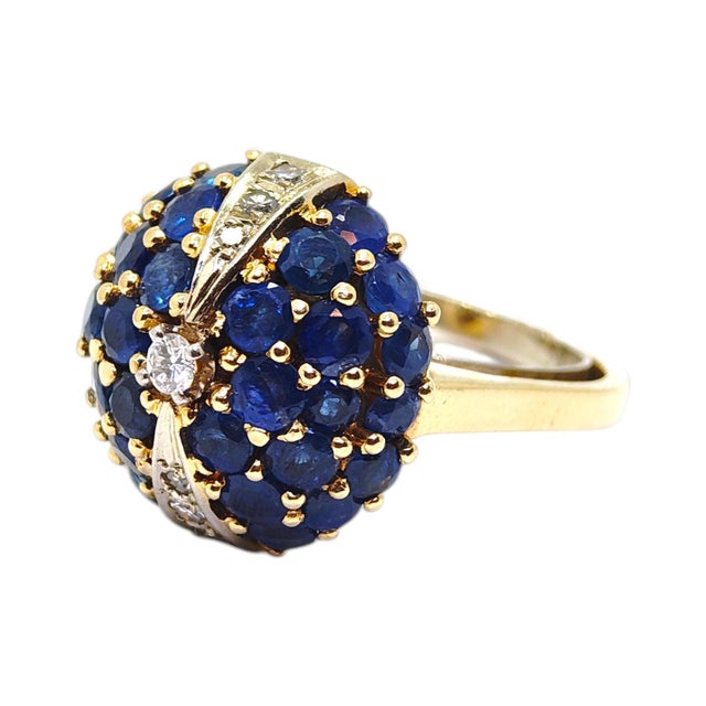 Metal Late 20th Century 18k Yellow Gold Sapphire & Diamond Bombe Ring, Size 5 For Sale - Image 7 of 11