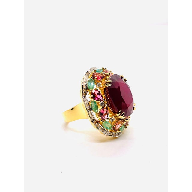 Gemstone Bochic “Orient” Vintage Emerald, Ruby & Pink Tourmaline Ring Set 18 K Gold & Sil For Sale - Image 7 of 11