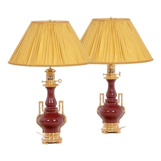 Porcelain and Gilded Bronze Sang-De-Boeuf Table Lamps, 1880s, Set of 2 For Sale