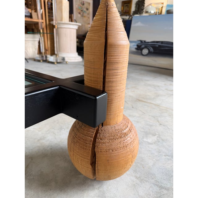 1980s Italian Postmodern Sculptural Turned Wood & Glass Two-Tier Rectangular Coffee Table For Sale - Image 17 of 17