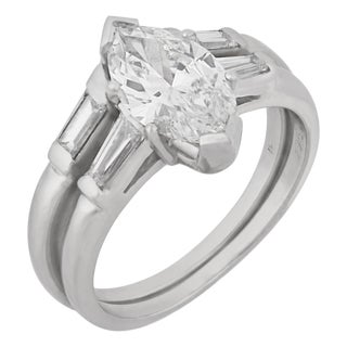 1950s Mid Century Gia 1.18 Carat Diamond Platinum Wedding Set, Size 5 For Sale