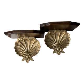 Vintage Hollywood Regency Brass and Wood Shelves - a Pair For Sale