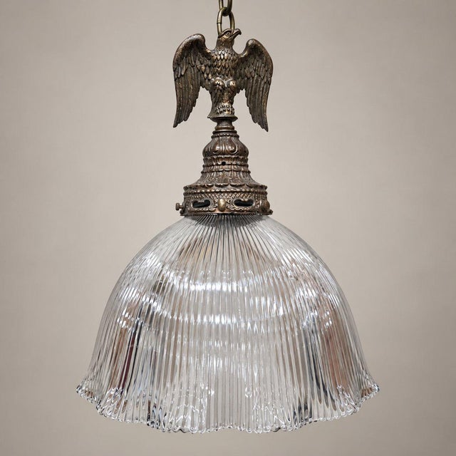 Vintage Eagle Pendant Light, Ribbed Glass Shade, Upcycled Fixture For Sale - Image 13 of 16